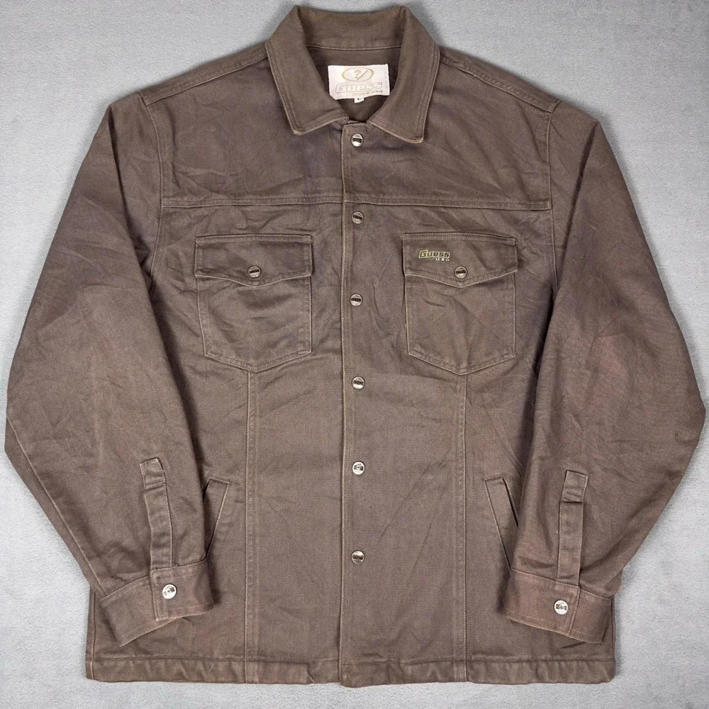Vintage 90s Guess Jeans USA Brown Denim Trucker Jacket Made in USA Mens L - Picture 1 of 9